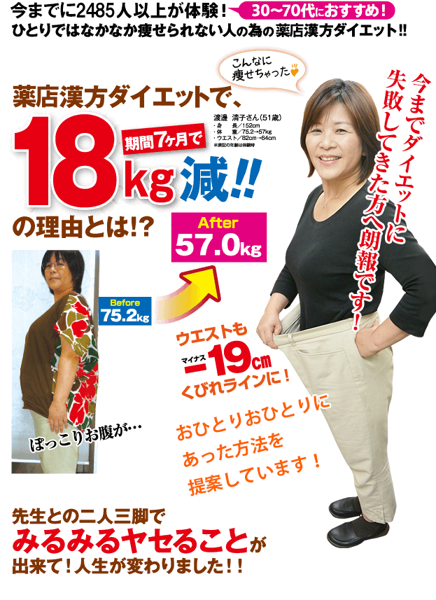 11年で2485人以上が体験!30~70代におすすめ!ひとりではなかなか痩せられない人の為の漢方ダイエット!!